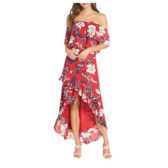 BB Dakota Red convertible off shoulder high low floral ruffle maxi  dress - Picture 12 of 16